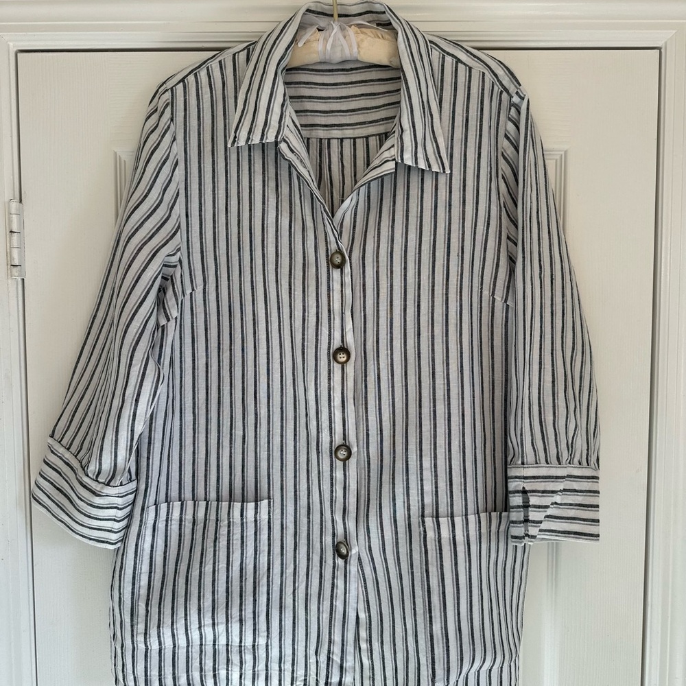 Coldwater Creek Womens Gray Striped 100% Linen 3/4 Sleeve Shirt XL Lagenlook Top - Picture 10 of 11